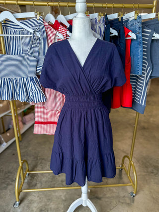 Navy Soft Structure Smocked V-Neck Mini Dress