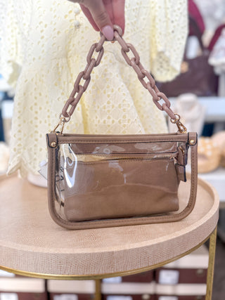Taupe Jessica Stadium Clear Crossbody Bag w/ Chain Accent