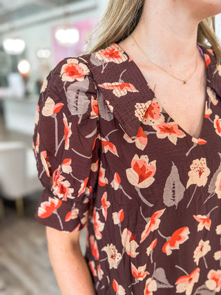 Brown Autumn Flower Flounce Mini Dress