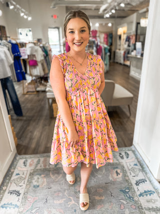 Pink & Citrus Yellow Floral Smocked Bust Mini Dress