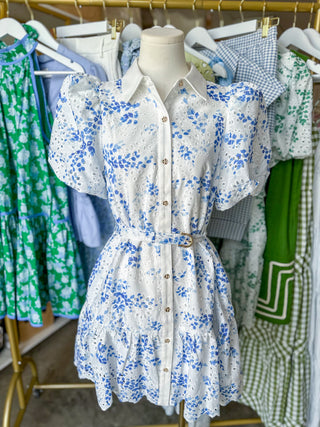 Blue Eyelet Dream Belted Mini Dress