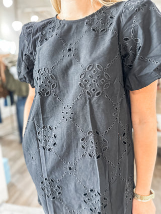 Black Sweet Magnolia Eyelet Mini Dress