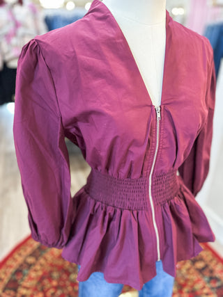 Plum 3/4 Sleeve Smock Waist Zip It Top