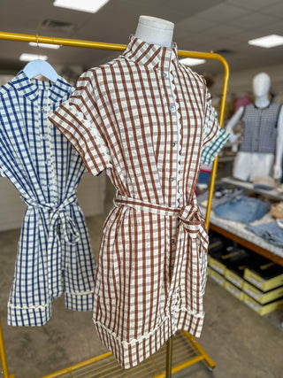 Brown Honeyfield Gingham Scallop Trim Belted Mini Dress