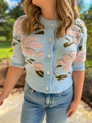 Powder Blue Pink Petal & Knit Short Sleeve Cardigan