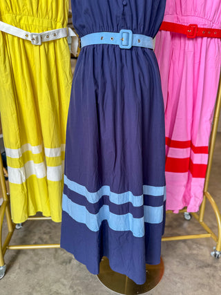 Navy Coastal Elegance Belted Midi Dress