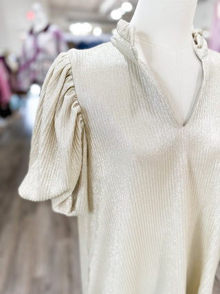 Champagne Chic Ruffle V Neck Puff Sleeve Mini Dress