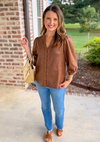 Brown Sleek Buttons Faux Leather Top
