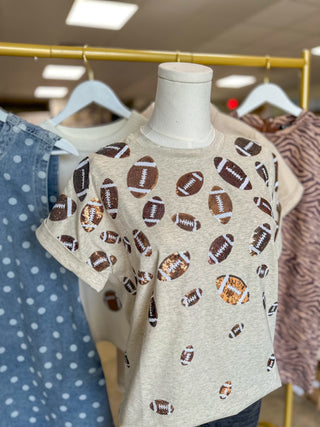 Tailgate to Touchdown Oatmeal Scattered Sequin Football Luxe Tee