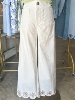 White Sweet Steps Embroidered Hem Wide Leg Pants