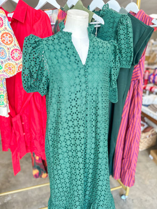 Hunter Green Sweet Eyelet Moments Midi Dress