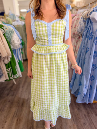 Honeydew & Blue Sweetheart Gingham Corset Midi Dress