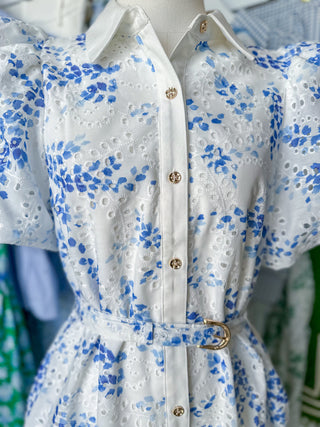 Blue Eyelet Dream Belted Mini Dress