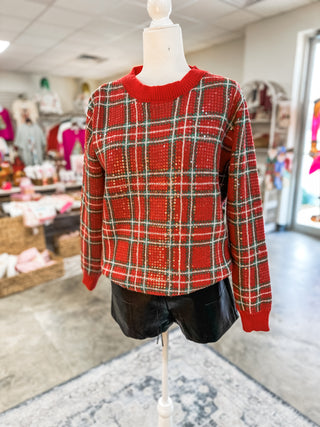 Clear Sequin Red/Green Plaid Christmas Pullover