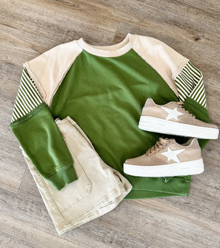 Winter Green Crew Neck Colorblock Terry Knit Pullover