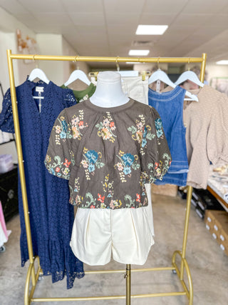 Brown Garden Tapestry Embroidered Top