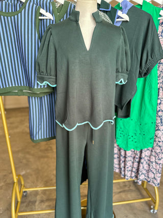 Forest Green Perfectly Scalloped Trim Pants Set