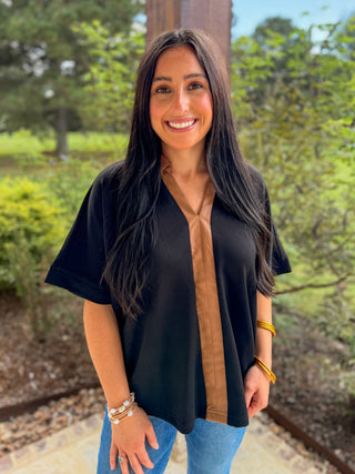 Black Windsor Contrast Collared Top