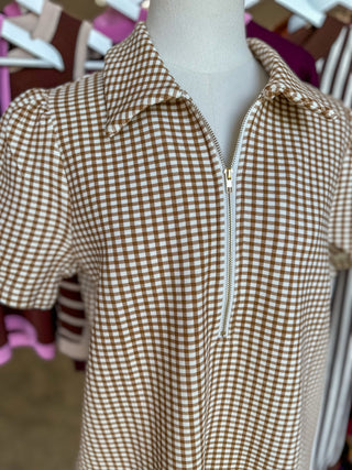 Camel Go-To Gingham Half Zip Mini Dress
