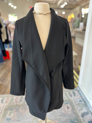 Black Textured Long Blazer with Pockets