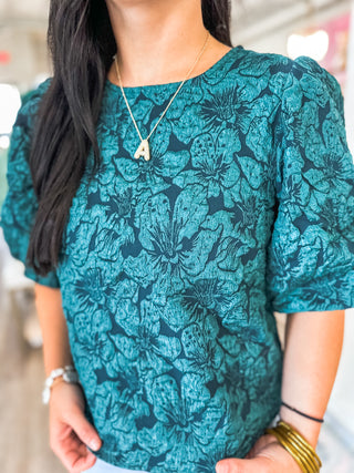 Hunter Green Runway Rose Jacquard Blouse