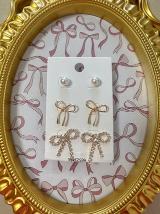 Radiant Trio Pearls & Bows Gold Stud Set