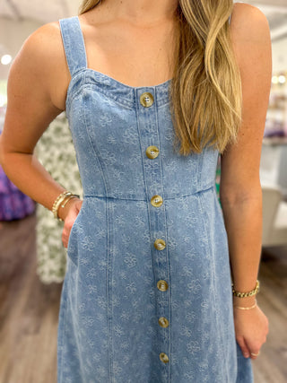 Floral Denim Jacquard Sweetheart Midi Dress