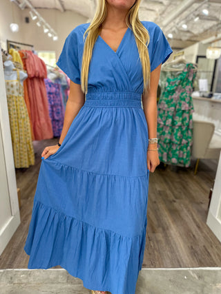 Blue Smocked Waist Tiered Maxi Dress
