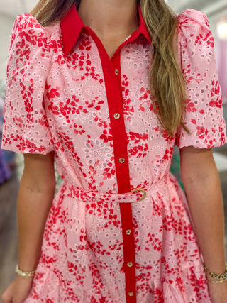 Red Eyelet Dream Belted Mini Dress