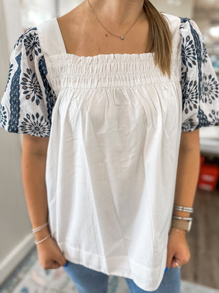 Off White & Navy Dahlia Square Neck Top