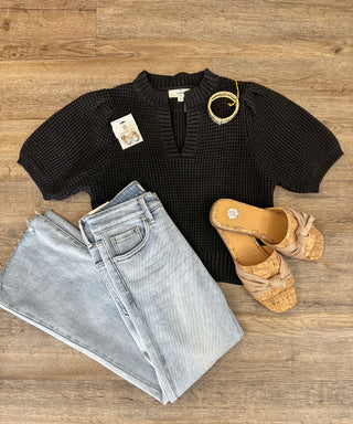 Black Irresistible Charm Puff Sleeve Cropped Knit Top