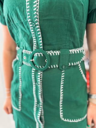 Pine Whisper Stitch Collared Short Sleeve Mini Dress