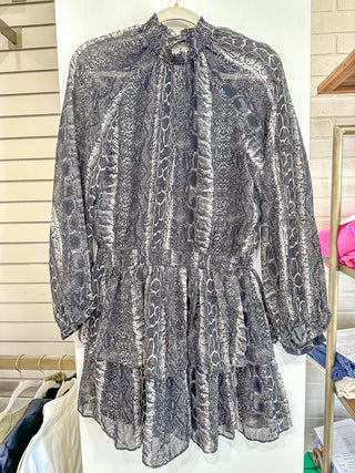 Grey Snake Print Flounce Dress