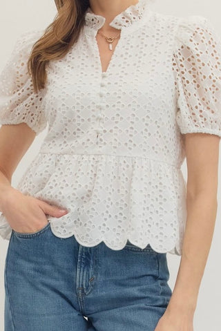 White Eloise Eyelet Peplum Top