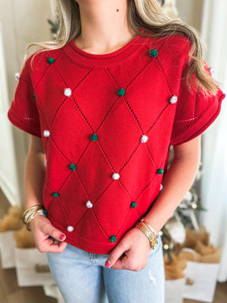 Red Jingle Knits Holiday PomPom Detail Sweater Vest