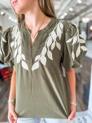 Olive Orchard Embroidered Puff Sleeve Top