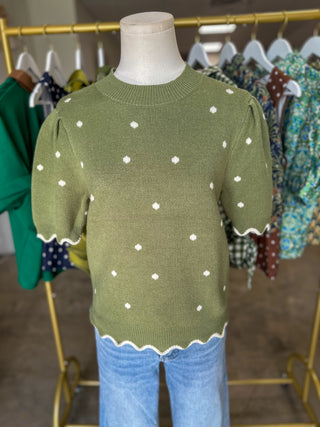 Olive Dotted Delight Scallop Trim Sweater Top