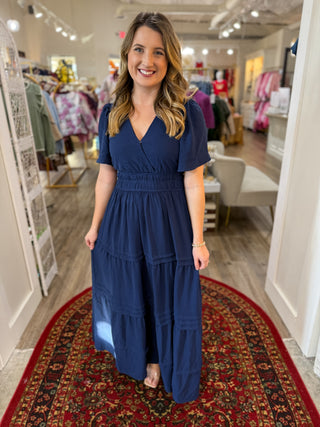 Navy Surplice Pintuck Tiered Woven Maxi Dress