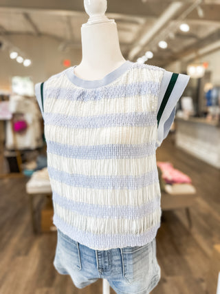 Hues of Blue Striped Sleeveless Top W/ Hunter Green Striped Accent Band