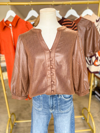 Brown Sleek Buttons Faux Leather Top