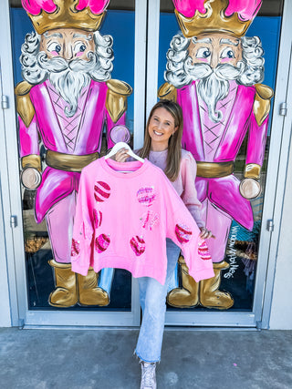 Pink Decked in Sequins Christmas Ornament Oversized Sweatshirt