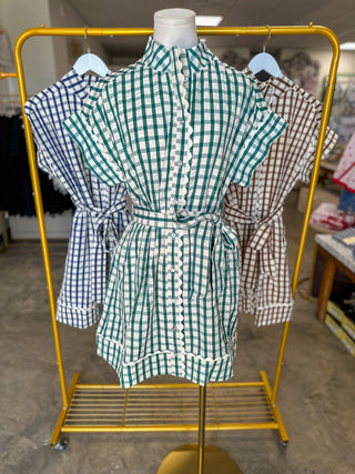 Hunter Green Honeyfield Gingham Scallop Trim Belted Mini Dress