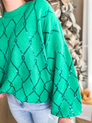 Green Holiday Gem Long Sleeve Sequin Diamond Patterned Sweater