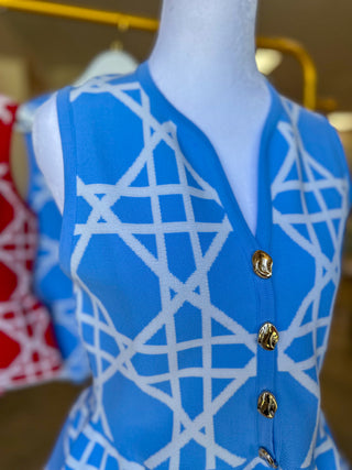 Blue Delicate Lines Gold Button Peplum Top