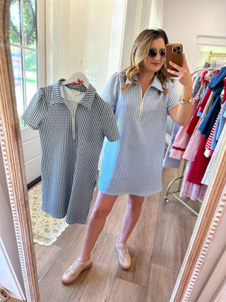 Blue Go-To Gingham Half Zip Mini Dress