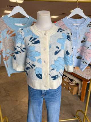 Ivory Blue Petal & Knit Short Sleeve Cardigan