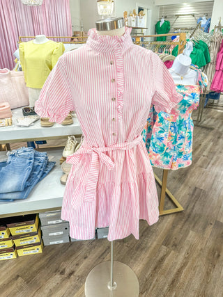 Pink Simply Southern Pinstripe Short Sleeve Ruffle Neck Mini Dress
