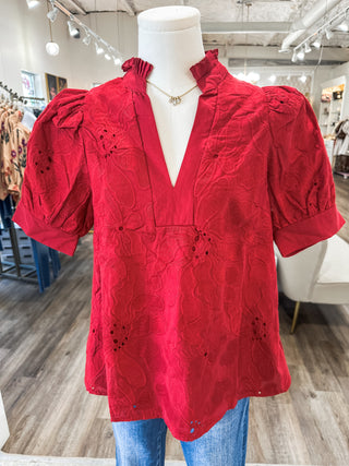 Red Everleaf Eyelet Short Sleeve V-Neck Top