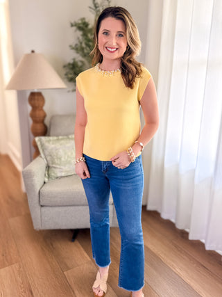 Butter Yellow Pearl Jeweled Neck Trim Top