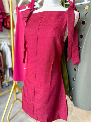 Burgundy Poised & Polished Straight Neckline Bow Ties Mini Dress